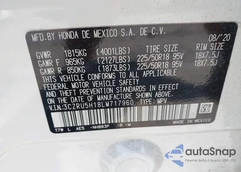 2020 Honda Hr-V Sport z USA, uszkodzony, nr VIN 3CZRU5H18LM717960